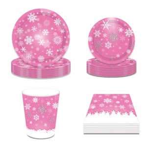 Snowflakes Tableware Set Plates Cups & Napkins Pink And White Snowflake Winter Wonderland Christmas Birthday Party Baby Shower Decorations