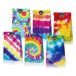 May include: Six colorful tie-dye paper gift bags. Each bag features a unique pattern in vibrant hues, including swirls, stripes, and dot designs. The bags have a folded top and a circular sticker that reads "JOIN US FOR A TIE DYE PARTY!"