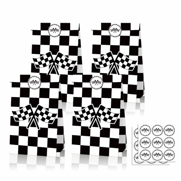 Racing Car Party Favors Treat Bags With Stickers, Checkered Flag Gift Bags,Lets Go Racing Birthday Supplies,Black & White Candy Bags