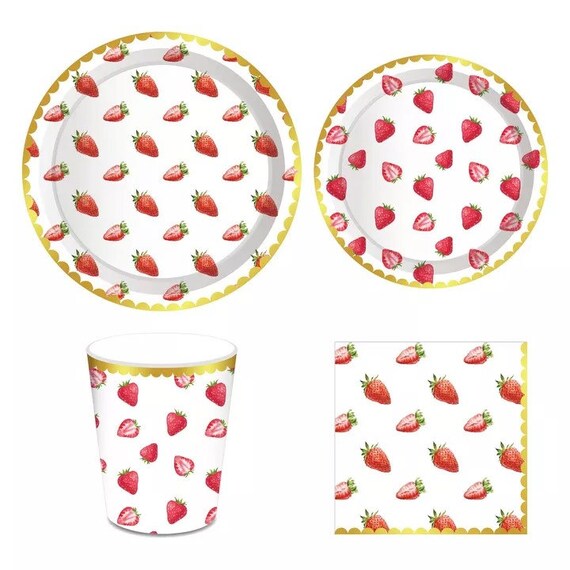 Strawberry Party Tableware Kit, Plates, Cups, Napkins, Fruit Birthday Decor, Baby Shower Decor