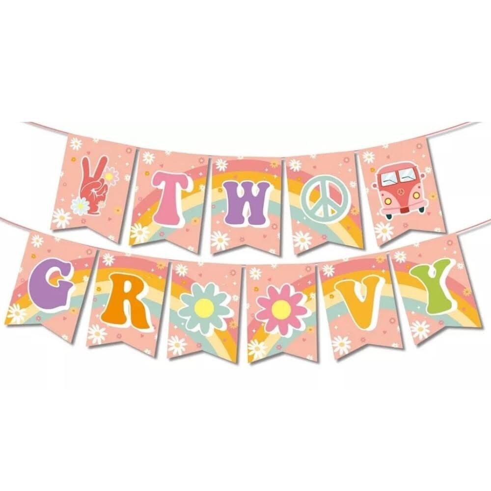 Two groovy garland banner party decorations groovy retro hippie boho rainbow daisy peace sign bus birthday party decor baby