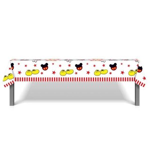 May include: White plastic tablecloth with a red and white striped border. The tablecloth features a repeating pattern of Mickey Mouse ears, red stars, and yellow shoes.