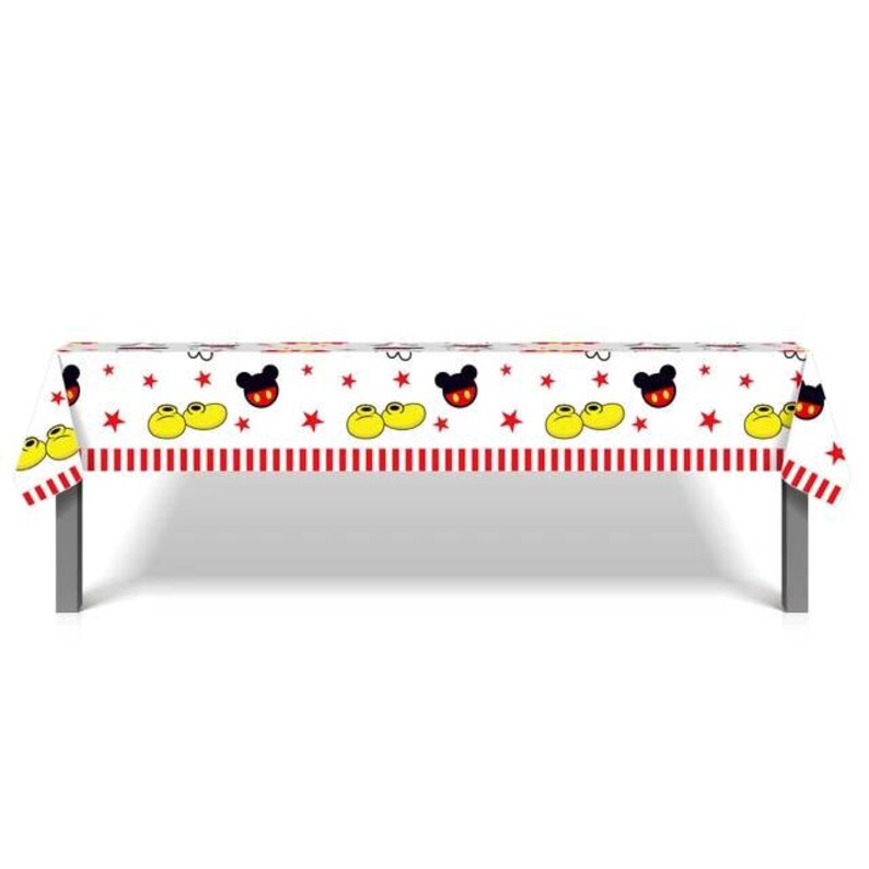 May include: White plastic tablecloth with a red and white striped border. The tablecloth features a repeating pattern of Mickey Mouse ears, red stars, and yellow shoes.