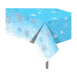May include: A blue plastic tablecloth with a snowflake pattern. The tablecloth has a gradient of blue shades and features white snowflakes with silver glitter accents.