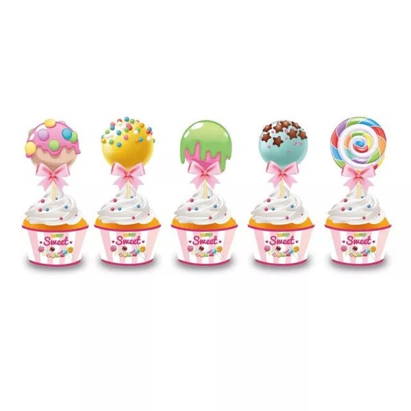 Candy Theme Cupcake Toppers And Wrappers, Candy Land Party Decorations, Lollipop Candy Birthday Supplies, Lollipops Cupcake Toppers