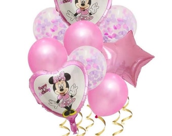Globos de cumpleaños de Minnie Mouse: látex rosa, confeti, corazones y estrellas