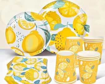 Lemon Party Tableware Set: Citrus Plates, Cups, Napkins - Serves 8