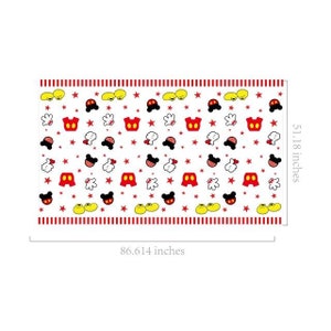 May include: White fabric with a red, yellow and black Mickey Mouse themed pattern. The pattern includes Mickey Mouse ears, gloves and shorts. The fabric measures 86.614 inches by 51.18 inches.