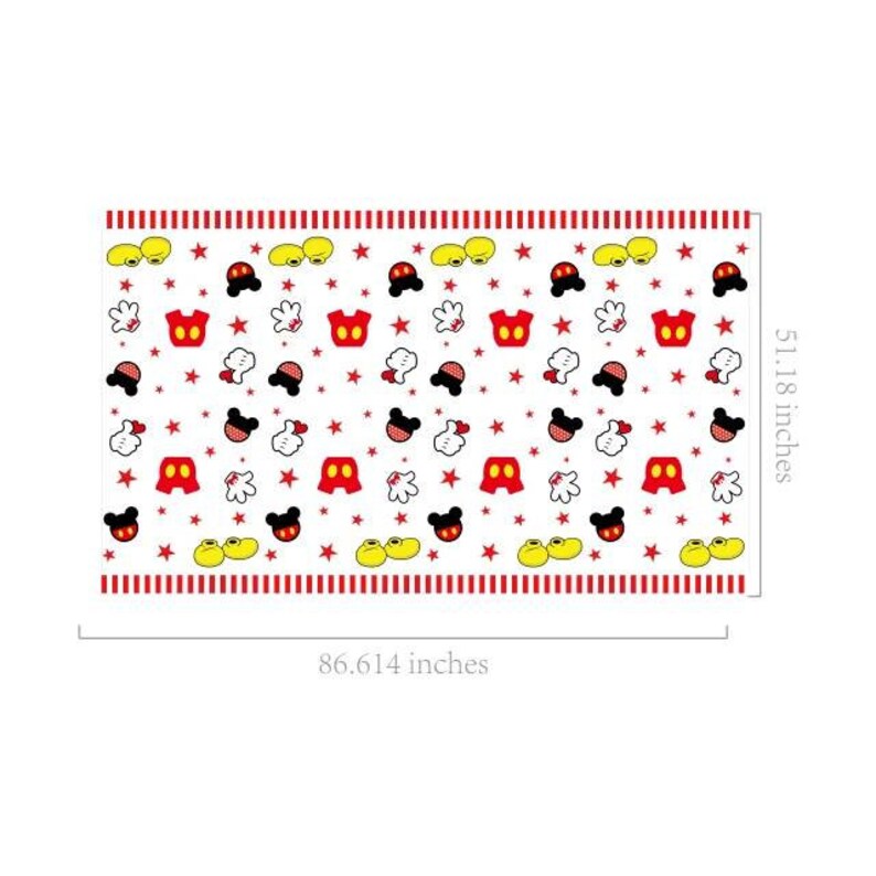 May include: White fabric with a red, yellow and black Mickey Mouse themed pattern. The pattern includes Mickey Mouse ears, gloves and shorts. The fabric measures 86.614 inches by 51.18 inches.