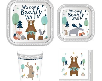 Blue Teddy Bear Baby Shower Tableware Set, We Can Bearly Wait Plates ...
