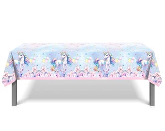Unicorn Party Tablecloth, Pastel Rainbow Table Cover, Girls Magical Birthday Party Decor, Floral Pony Party Decorations