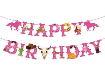 Pink Western Happy Birthday Banner, Cowgirl Birthday Party Decoration, Rodeo Theme Garland, Wild West Party Decor for Girls