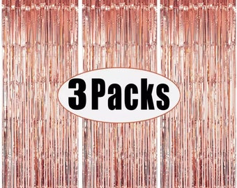 Rose Gold Foil Fringe Curtain, Party Photo Backdrop, Birthday Decor, Bridal Shower, Bachelorette Party (3 Packs)