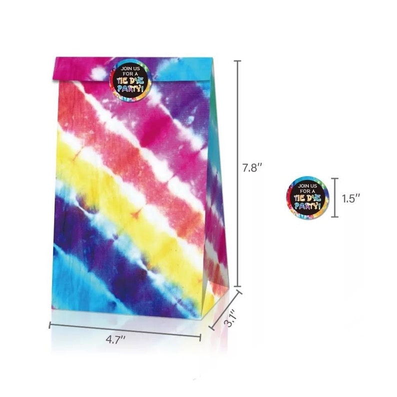 May include: A colorful tie-dye paper gift bag, 7.8 inches tall, 4.7 inches wide, and 3.1 inches deep, with a matching sticker that reads "Join Us For A Tie Dye Party!" The bag and sticker feature a rainbow of colors.