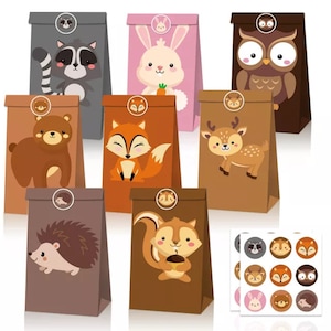 Woodland Animal Party Favor Bags: Kids Birthday Treat Bags, Stickers (Set of 16)