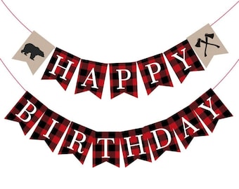 Lumberjack Happy Birthday Banner, Red & Black Buffalo Plaid Party Backdrop Banner