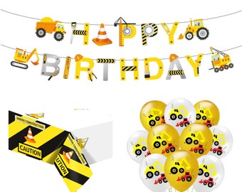 Construction Birthday Party Supplies: Banner, Tablecloth, Balloons, Treat Bags