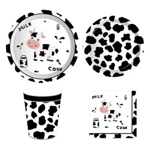 Cow Party Tableware Set,Cow Baby Shower Table Decor,Cow Barnyard Disposable Plates, Cup & Napkins,Birthday Party Decor,Party Dinnerware Kit