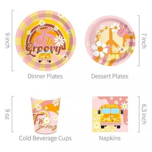Pu&ograve; includere: Un set di articoli per feste a tema anni '70 con un design di autobus scolastico groovy. Il set include piatti da cena da 23 cm, piatti da dessert da 18 cm, bicchieri per bevande fredde da 27 cl e tovaglioli da 16 cm.