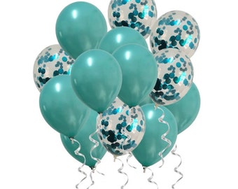 Teal Blue Balloons,12 Latex & Confetti Balloons, Birthday And Shower Party Decor