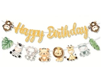 Jungle Animal Birthday Banner: Gold Safari Party Decor