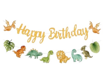 Gold Glitter Dinosaur Birthday Banner: Kids Dino Party Decor