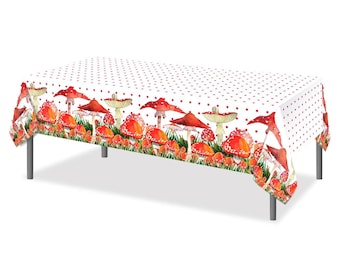 Mushroom Tablecloth,Disposable Table Cover,Mushroom Party plastic Tablecloth,Mushroom Birthday Banner,,Baby Shower Decor,Party Supplies