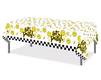 Smiley Face Tablecloth, Let’s Party Retro Groovy Yellow Table Cover, Kids Birthday Party Decorations, Checkered Race Party Decor