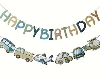 Transportation Birthday Banner, Retro Car, Truck, Plane Party Decor, Kids Birthday Decorations