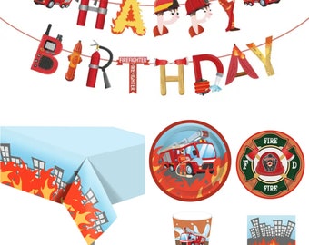 Firetruck Birthday Party,Firefighters Party Tableware Set,Fire Trucks Balloons,Birthday Banner,Plastic Tablecloth,Firefighter Plates Napkins