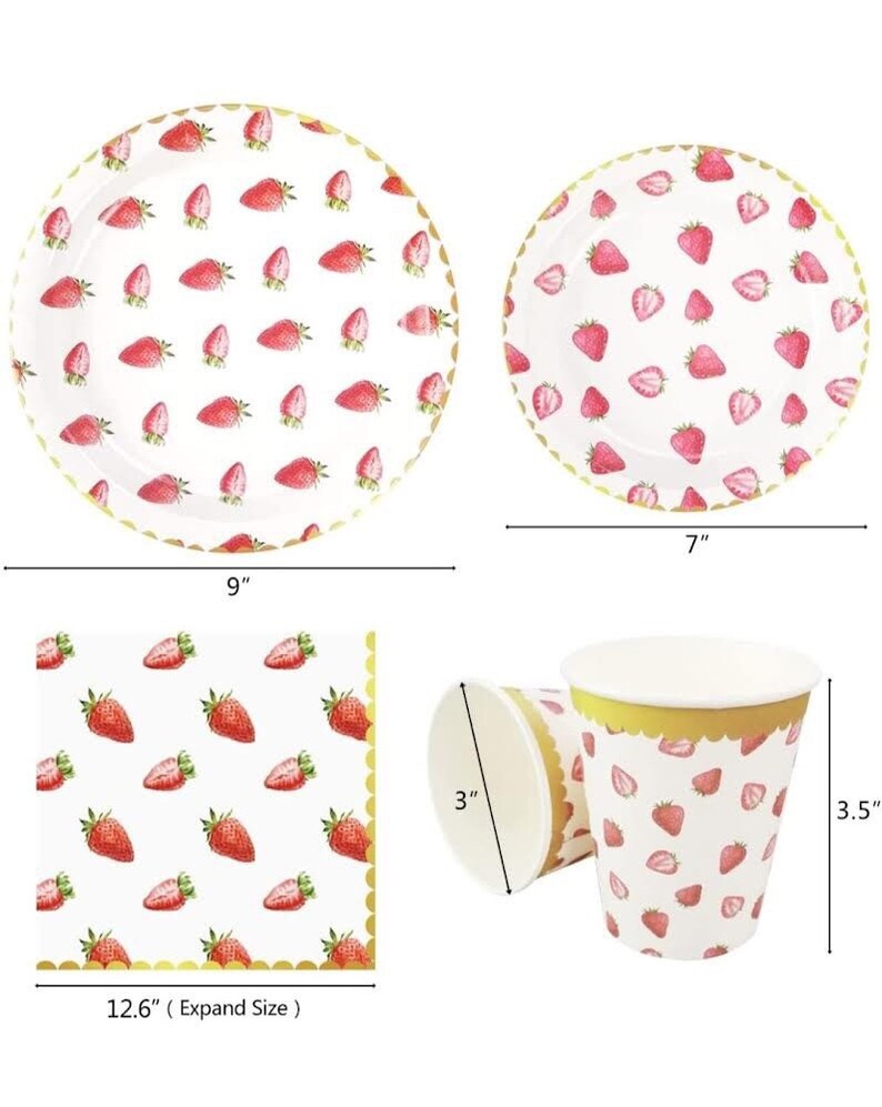 May include: A set of disposable party supplies featuring a strawberry pattern. The set includes 9-inch and 7-inch plates, 3-inch cups, and 12.6-inch napkins.