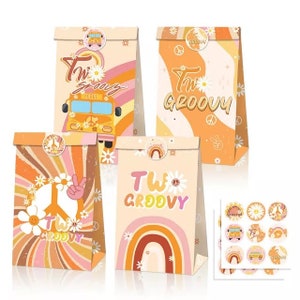 Two groovy party favors treat bags hippie daisy retro goodie candy gift bags with stickers peace sign school bus 2nd decoration