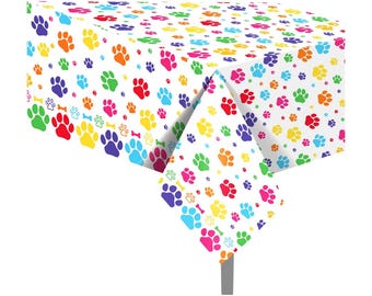 Paw Print Tablecloth, Colorful Puppy Paw Party Table Cover,Dog Theme Birthday Decoration,Pet Party Supplies,Disposable Plastic Tablecloth