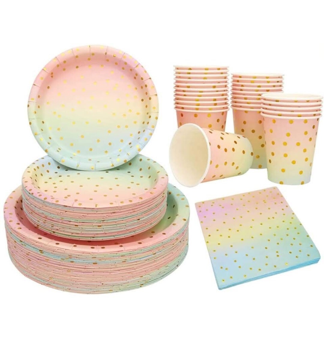 125 Pcs Pastel Party Tableware Set,ombré With Gold Dots Plates Cups and
