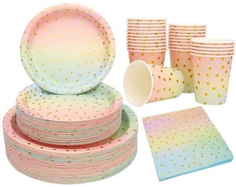 Pastel Party Tableware Set, Ombré Gold Dots, Rainbow Birthday Decor, Baby Shower Table Decor, (125 Pcs)