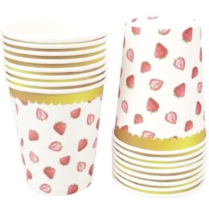 May include: A stack of 10 white paper cups with a gold rim and a strawberry pattern. The cups are perfect for parties, picnics, or everyday use.