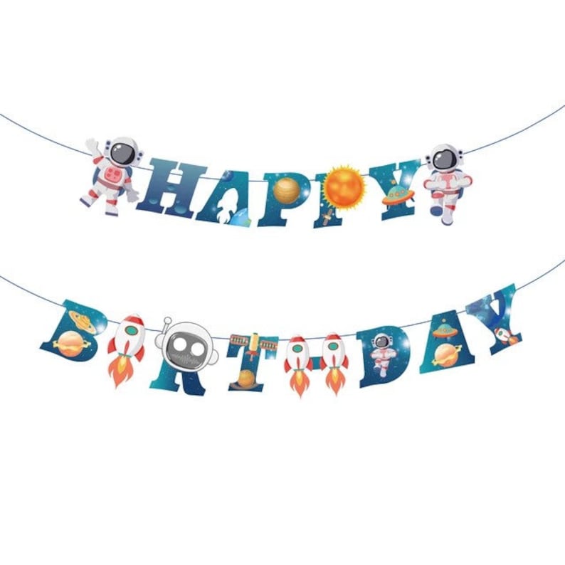Outer space Birthday BannerHappy Birthday DecorAstronaut RocketGalaxy BackdropUniverse PlanetTwo The Moon TripPhoto Prop