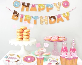 Donut Theme Happy Birthday Banner, Girls Party Decoration