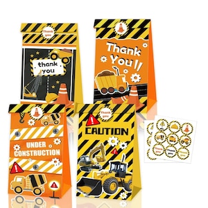 May include: Set of four yellow and black construction themed party favor bags with the text "Thank You" and "Under Construction".  The bags feature images of construction vehicles and caution signs.  The set also includes a sheet of construction themed stickers.