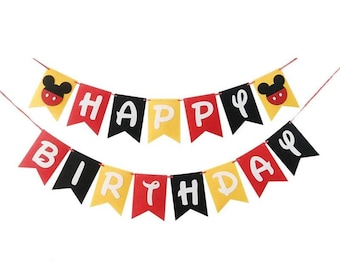 Mickey Mouse Happy Birthday Banner,1st Birthday Party,Balloons,Door Sign,Cupcake Toppers,Tablecloth,Favor Bags,Plates Napkin,Popcorn Boxes