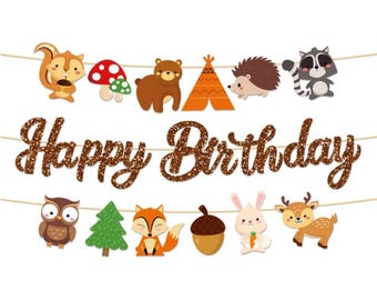 Woodland Happy Birthday Banner, Forest Animals Birthday Garland, Boho Neutral Woodland Party Decor