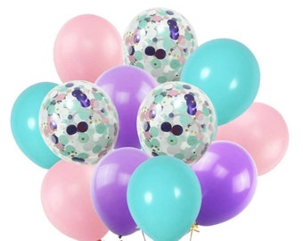 Teal/Turquoise Purple & Pink Latex Balloons, Unicorn Birthday Decor, Mermaid Party Decoration, Party Decor Confetti Balloons, Party Supplies