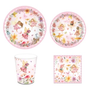 May include: A set of fairy-themed party supplies, including plates, a cup, and a napkin. The items feature illustrations of fairies, flowers, and butterflies in soft pink, yellow, and purple hues. The plates have a scalloped edge.