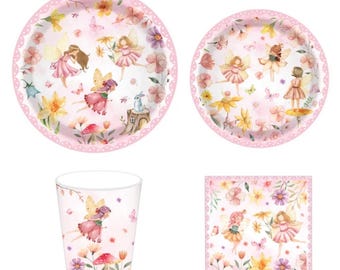 Fairy Garden Party Supplies Set, Pink Fairy Birthday Tableware, Enchanted Fairy Plates Napkins Cups | Girls Fairy Party Decorations