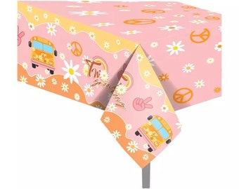 Two Groovy Tablecloth, Retro Daisy Party Decor, Hippie Birthday Supplies, Groovy One Table Cover, Peach Bus Party Decorations