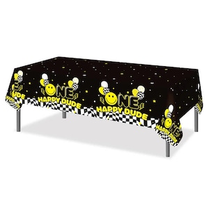 Happy Dude Tablecloth, Smiley Face Party Decor, First Birthday Table Cover, Black Yellow Party Supplies, Disposable Tablecloth