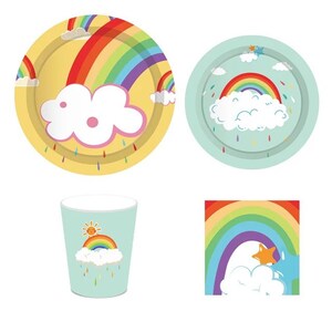 Rainbow Theme Tableware Set, Colorful Party Plates Kit, Rainbow Clouds Birthday Party Decor, Rainbow Baby Shower, Plates Cups & Napkins