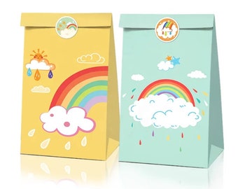 Rainbow Theme Party Treats Bags, Cloud Printed Favor Bags, Paper Goody Bags With Stickers,Candy Bags, Rainbow Birthday supplies, Table Decor