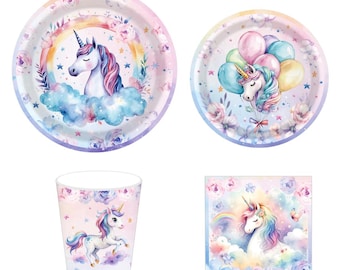 Unicorn Birthday Party Tableware Set, Pastel Rainbow Plates, Cups & Napkins, Girls Birthday Party Supplies, Pony Theme Decor