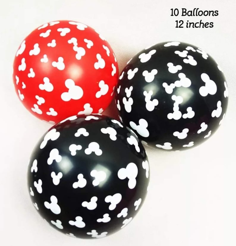 May include: Ten 12-inch balloons with a Mickey Mouse ear pattern. Five balloons are red with white Mickey Mouse ears and five balloons are black with white Mickey Mouse ears.